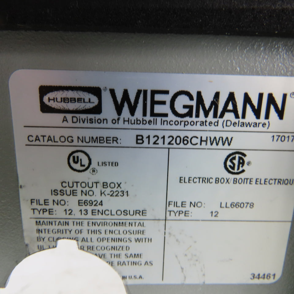 Wiegmann B121206CHWW Steel Wall Mount Electrical Enclosure 12"x12"x6"