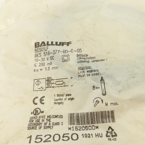 Balluff BES 516-377-EO-C-05 BES01LF Inductive Proximity Sensor M8x1 3M Cable