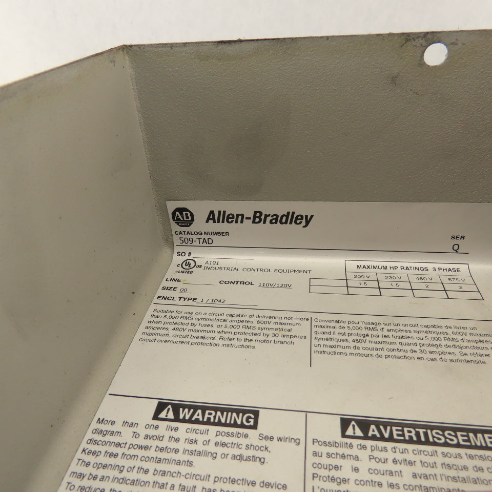 Allen Bradley 509-TAD 600V 2Hp 32A Motor Stater 120V Control Transformer Size 00