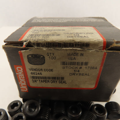 Unbrako 1/4 NPT Flat Bottom Dry Seal Plug 3/4" Taper Lot Of 66
