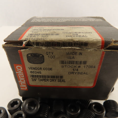 Unbrako 1/4 NPT Flat Bottom Dry Seal Plug 3/4" Taper Lot Of 66