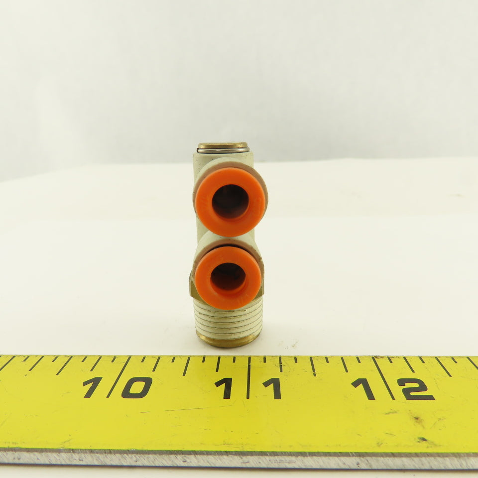 SMC 3/8NPT x 1/4 Tube Push To Connect Double Swivel Elbow Banjo Fitting