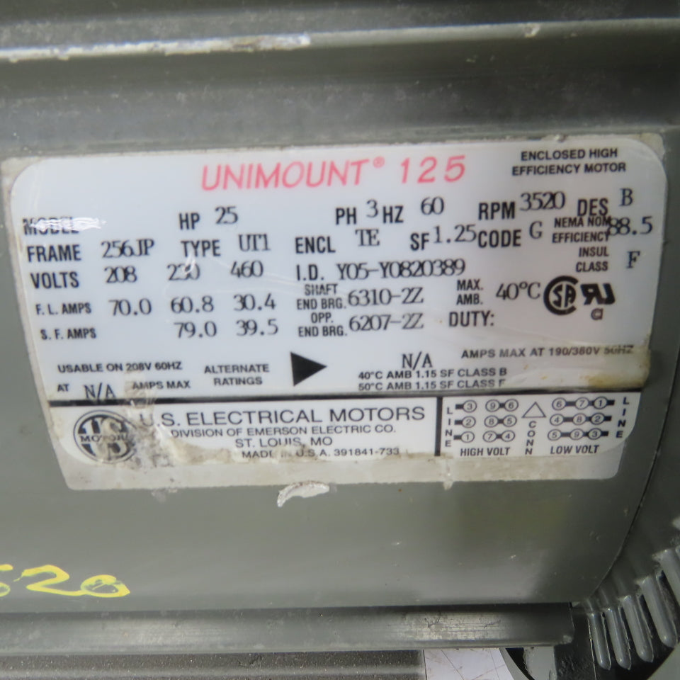 US Motors Unimount 25HP Electric Motor 3520RPM 208-230/460V 3Ph 256JP Frame