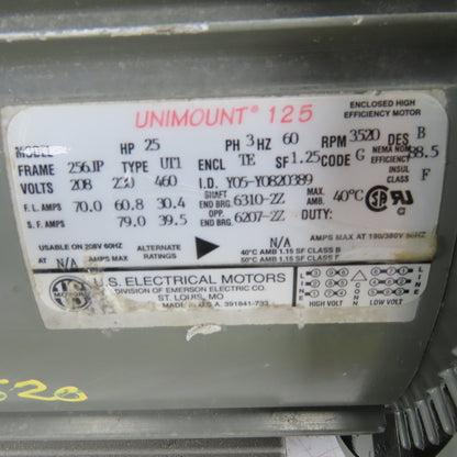 US Motors Unimount 25HP Electric Motor 3520RPM 208-230/460V 3Ph 256JP Frame