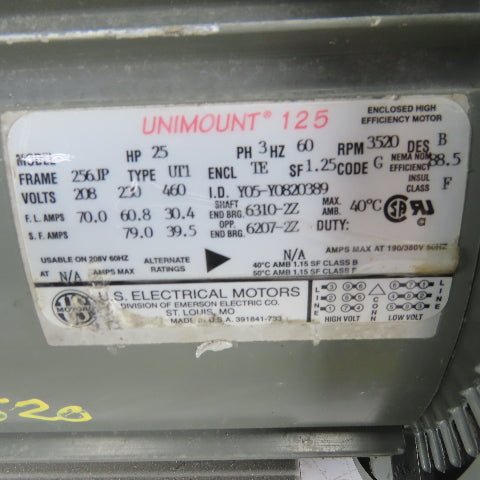 US Motors Unimount 25HP Electric Motor 3520RPM 208-230/460V 3Ph 256JP Frame