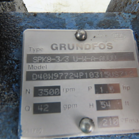 Grundfos SPK 8-3/3 A-W-A-AUUV 1.5HP Vertical Multistage Centrifugal Pump 42GPM