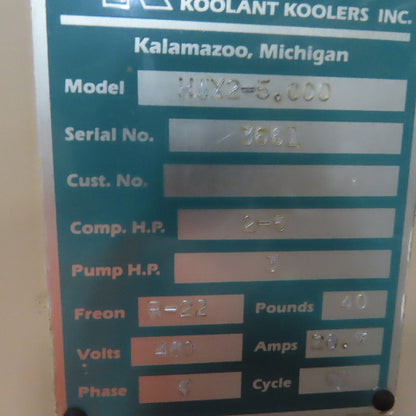 Koolant Koolers HWX-5.000 Refrigerated Chiller Cooling Unit 460V 3Ph