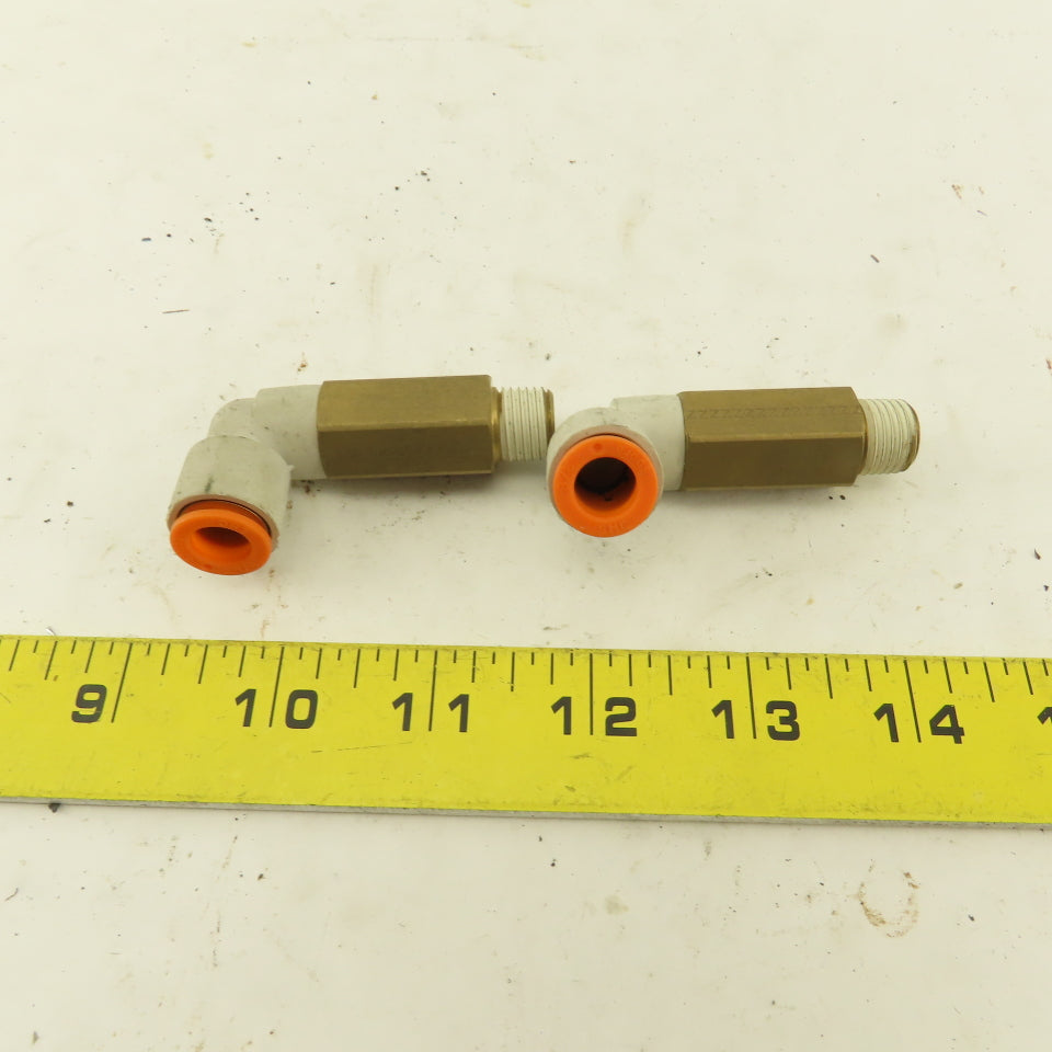 SMC 1/4" NPT Brass Extended 3/8 Tube Push To Connect Elbow Lot Of 2