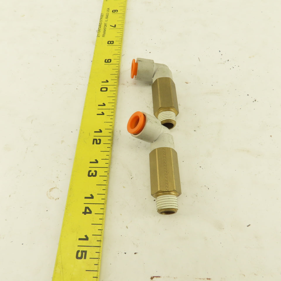 SMC 1/4" NPT Brass Extended 3/8 Tube Push To Connect Elbow Lot Of 2