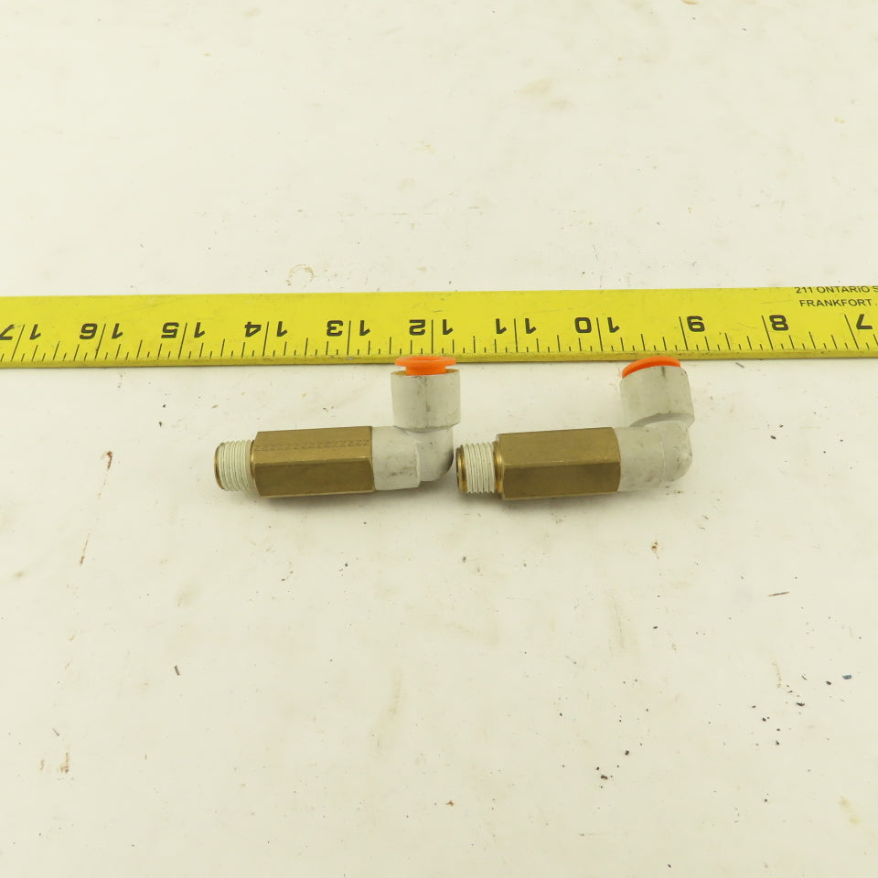 SMC 1/4" NPT Brass Extended 3/8 Tube Push To Connect Elbow Lot Of 2