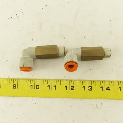 SMC 1/4" NPT Brass Extended 3/8 Tube Push To Connect Elbow Lot Of 2