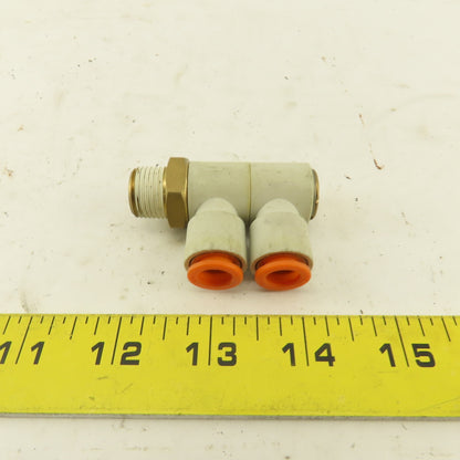 SMC 3/8 NPT X 3/8 Tube Push To Connect Double Elbow Universal Banjo 90°