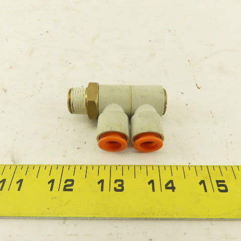 SMC 3/8 NPT X 3/8 Tube Push To Connect Double Elbow Universal Banjo 90°