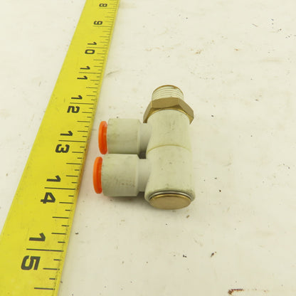 SMC 3/8 NPT X 3/8 Tube Push To Connect Double Elbow Universal Banjo 90°