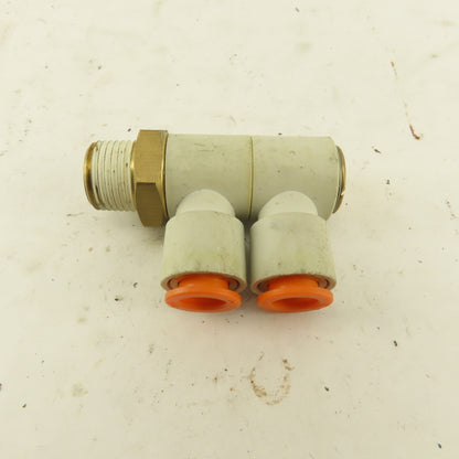 SMC 3/8 NPT X 3/8 Tube Push To Connect Double Elbow Universal Banjo 90°