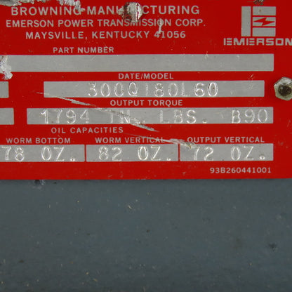 Browning 300Q180L60 60:1 Ratio 29.1RPM Left Hand Output Gear Reducer