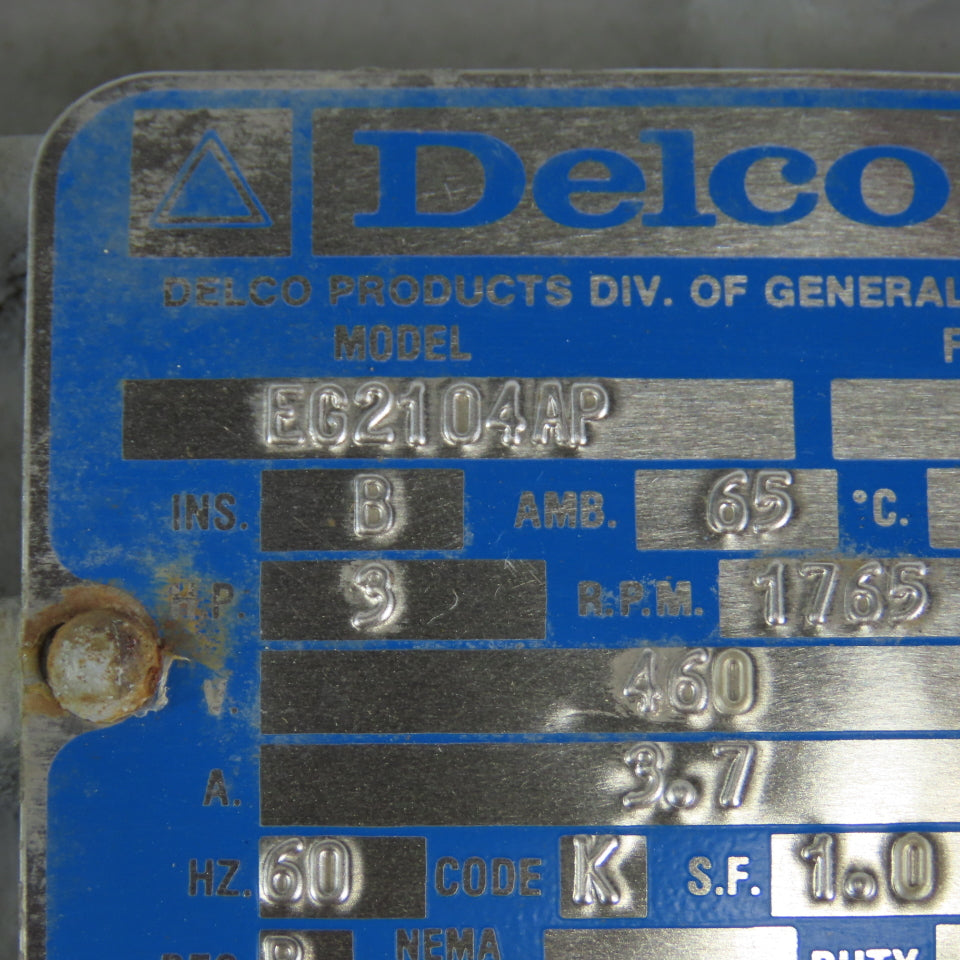 Delco EG2104AP 3Hp 1765RPM 460V 213Y AC Motor W/ Stearns Brake