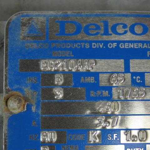 Delco EG2104AP 3Hp 1765RPM 460V 213Y AC Motor W/ Stearns Brake