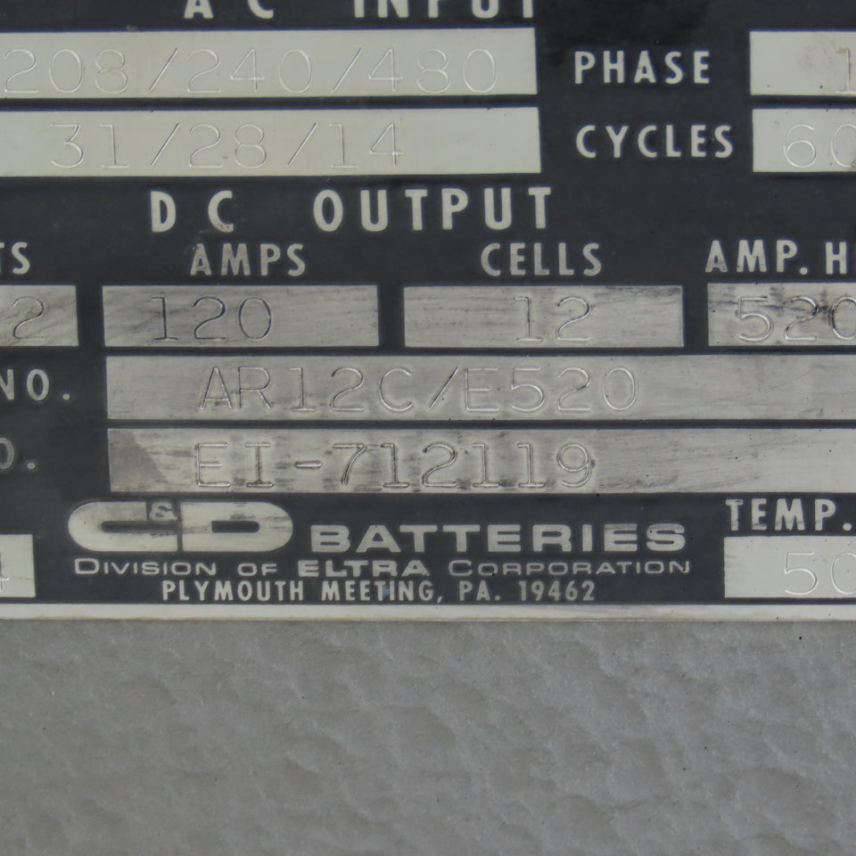 C&D AR12C/E520 30VDC 120A Forklift Battery Charger 208-230/460V Single Phase 1Ph