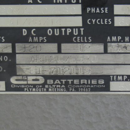 C&D AR12C/E520 30VDC 120A Forklift Battery Charger 208-230/460V Single Phase 1Ph