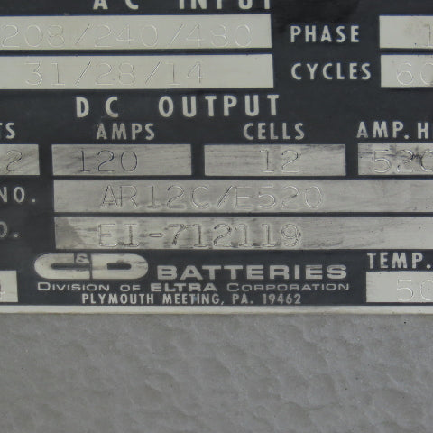 C&D AR12C/E520 30VDC 120A Forklift Battery Charger 208-230/460V Single Phase 1Ph