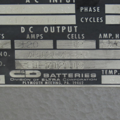 C&D AR12C/E520 30VDC 120A Forklift Battery Charger 208-230/460V Single Phase 1Ph