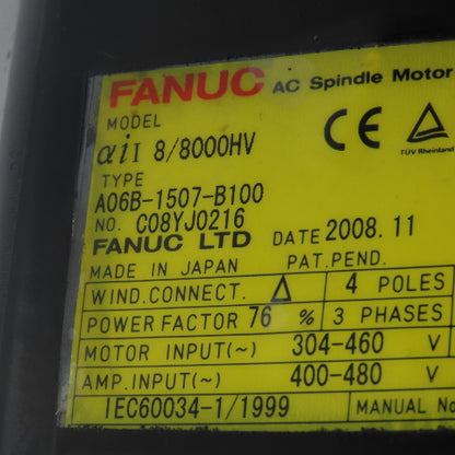 Fanuc A06B-1507-B100 5.5 To 11kW 1500-8000RPM 460/480V AC Dual Speed Servo Motor