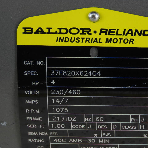 Baldor 37F820X624G4 4Hp 1075RPM 3Ph 230/460V 213TDZ Dual Shaft AC Motor