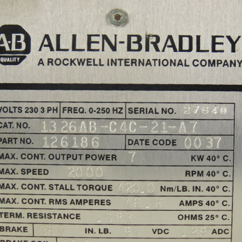 Allen Bradley 1326AB-C4C-21-A7 7kW 2000RPM 230VAC 3Ph Servo Motor 90VDC Brake