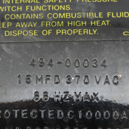 Bodine 494-00034 15MFD 370VAC 66Hz Max Capacitor