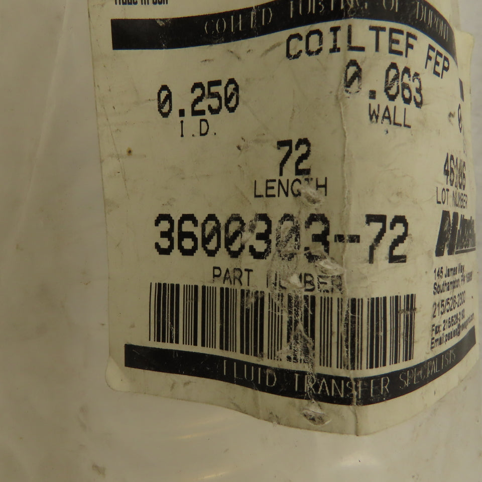 Fluid Transfer 3600303-72 1/4" TEF FEP DuPont Teflon Coil Tube 72" Length