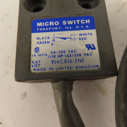 Micro Switch 914CE16-3N1 5A-250VAC Arm Lever Limit Switch No Roller 36" Cable