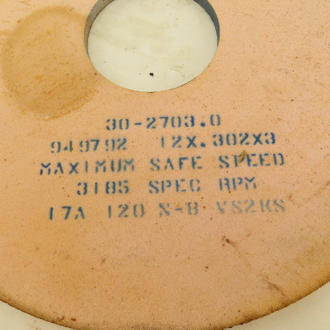 Bay State Abrasives 17A 120 N-8 VS2KS 12 x .302 x 3" Grinding Wheel 3185 RPM MAX