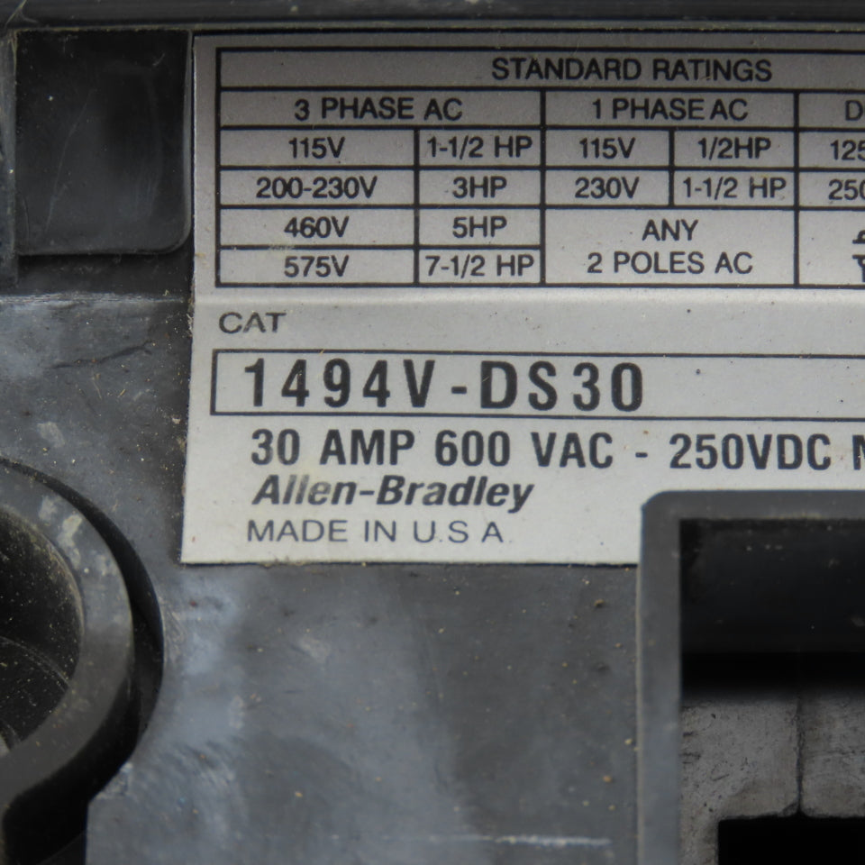 Allen Bradley 1494V-DS30 30A Disconnect Switch W/Operator Arm 600V Non Fused