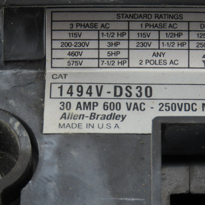 Allen Bradley 1494V-DS30 30A Disconnect Switch W/Operator Arm 600V Non Fused