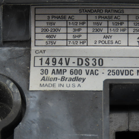 Allen Bradley 1494V-DS30 30A Disconnect Switch W/Operator Arm 600V Non Fused