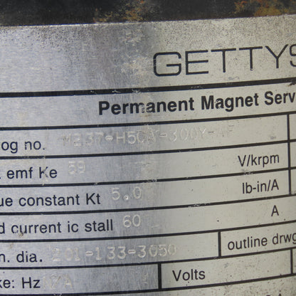 Gettys M237-H50A-300Y-AF 60A KE 59 V/KRPM Permanent Magnet Servo Motor W/Tach