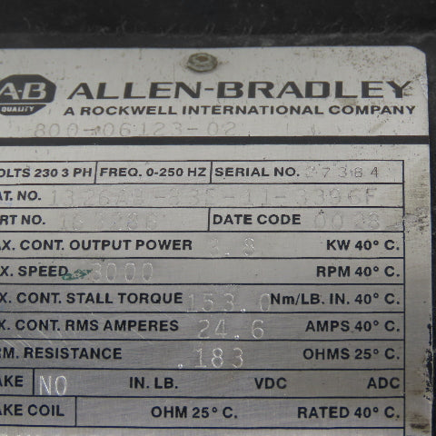 Allen Bradley 1326AB-B3E-11-3396F 3.8kW 3000RPM 230V 32Ph AC Servo Motor