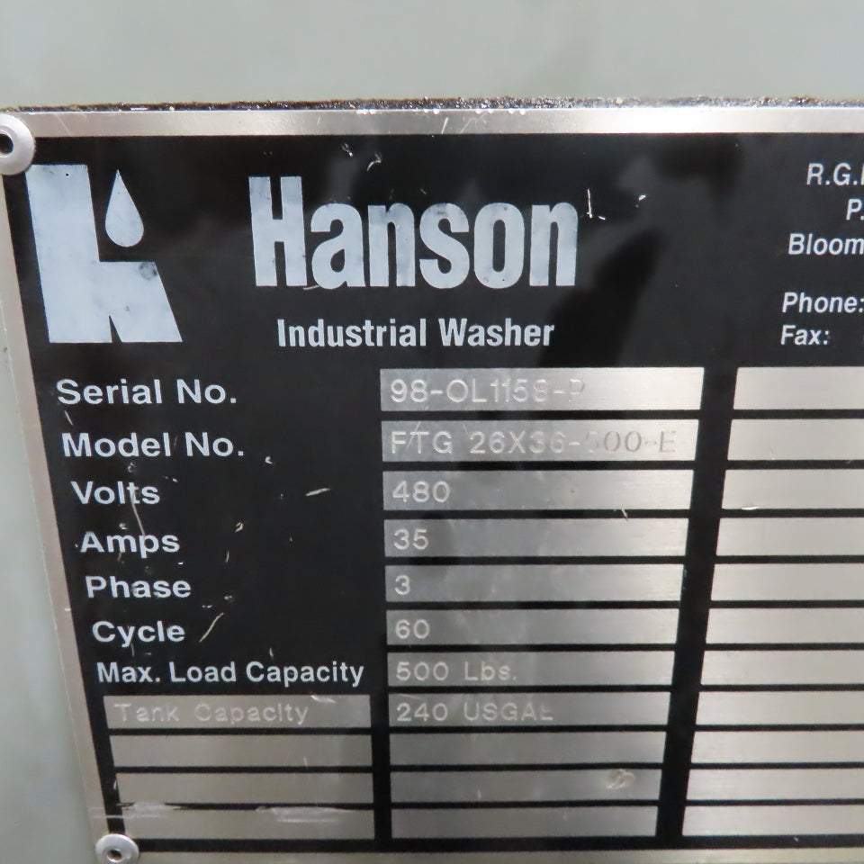 R.G Hanson FTG 26x36-500-E Single Turn Table Heated Parts Washer 26x36" 460V 3Ph