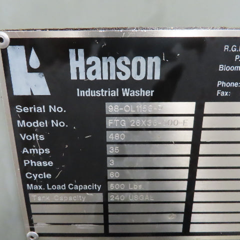 R.G Hanson FTG 26x36-500-E Single Turn Table Heated Parts Washer 26x36" 460V 3Ph