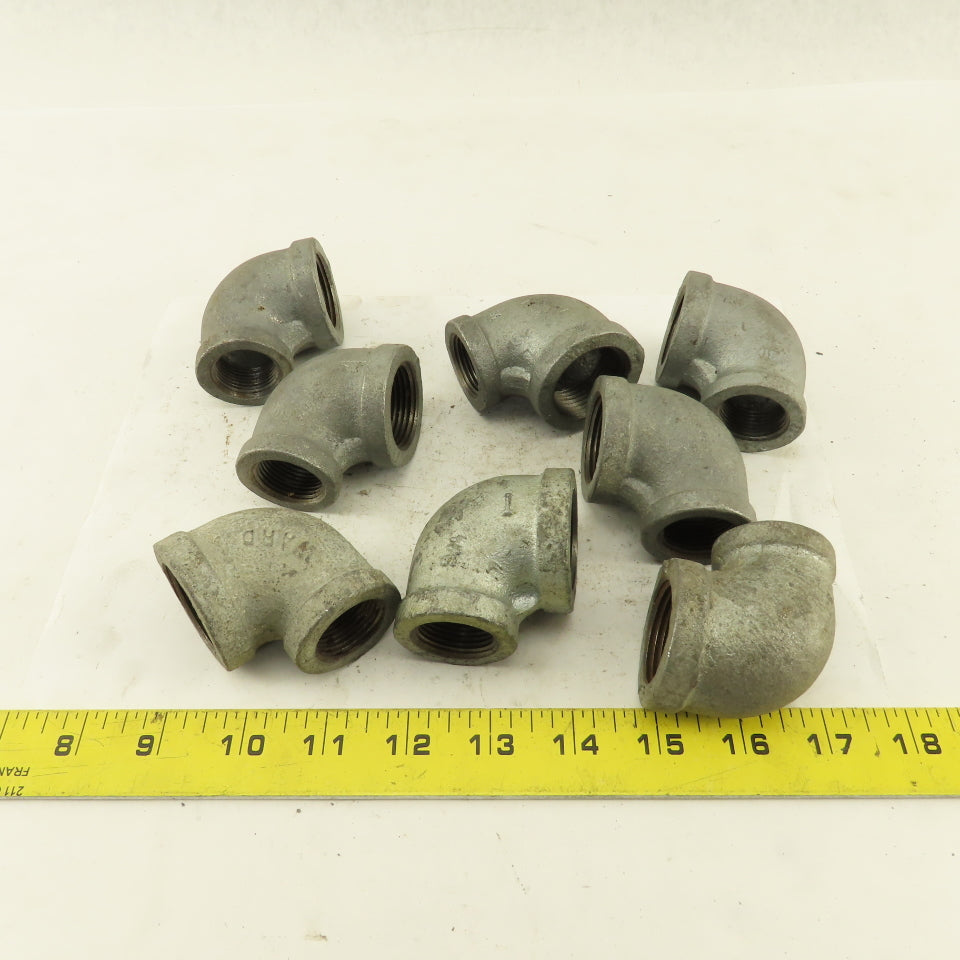 1" to 3/4" NPT 90° Reducing Elbow Galvanized Iron Pipe Schedule 40 Lot of 8