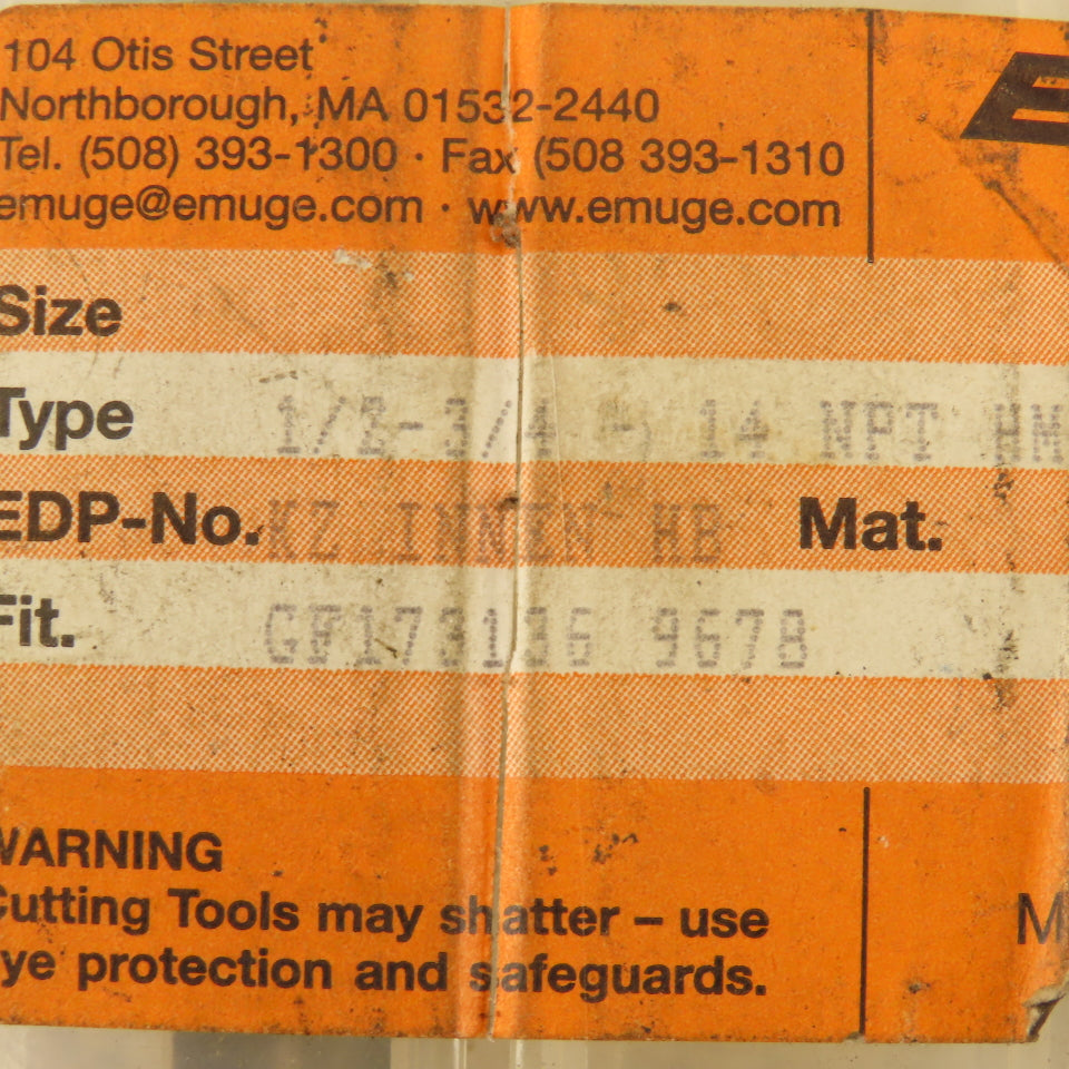 Emuge 1/2"-14 Solid Carbide Coolant Fed 4 Flute Plug Tap 3/4" Thread Length