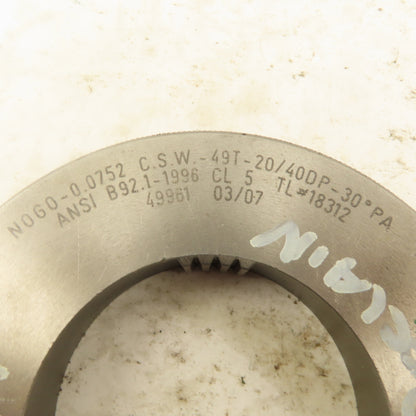 Western Pegasus 49T 20/40DP 30° PA NO GO Ring Gauge 0.0752