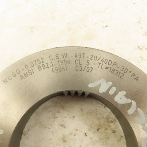 Western Pegasus 49T 20/40DP 30° PA NO GO Ring Gauge 0.0752