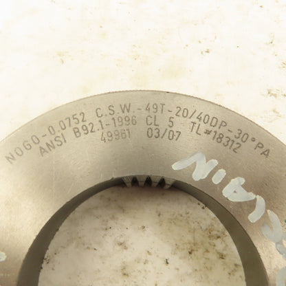 Western Pegasus 49T 20/40DP 30° PA NO GO Ring Gauge 0.0752