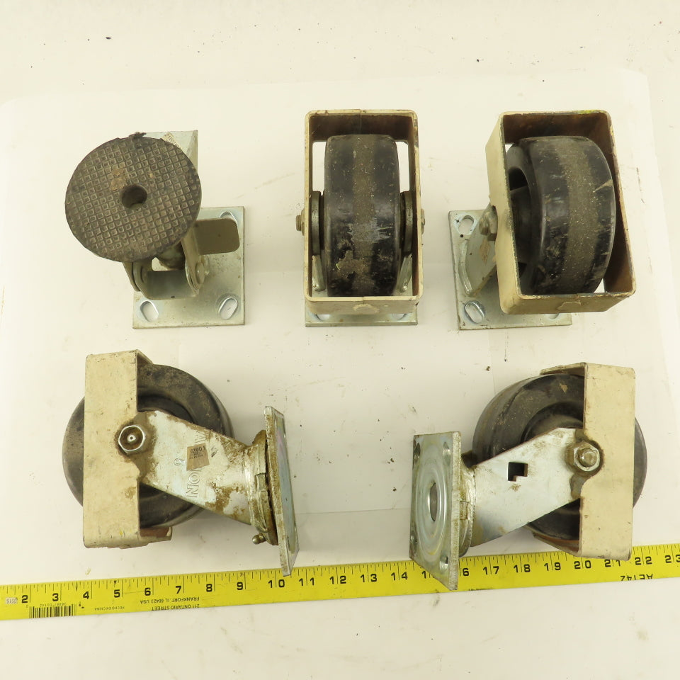 Albion 5" Rigid Swivel Hard Rubber Flange Mount Caster Toe Guard Brake Lot Of 5