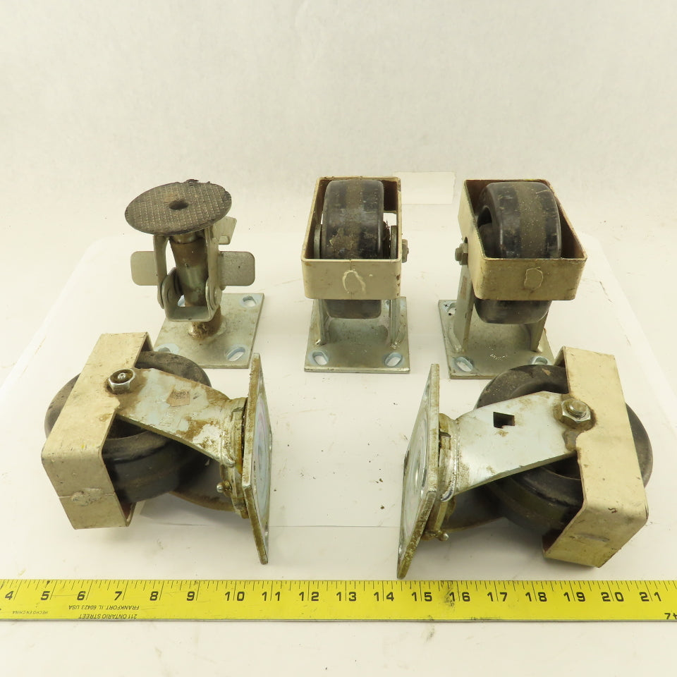 Albion 5" Rigid Swivel Hard Rubber Flange Mount Caster Toe Guard Brake Lot Of 5