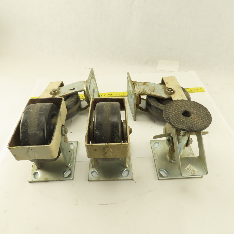 Albion 5" Rigid Swivel Hard Rubber Flange Mount Caster Toe Guard Brake Lot Of 5