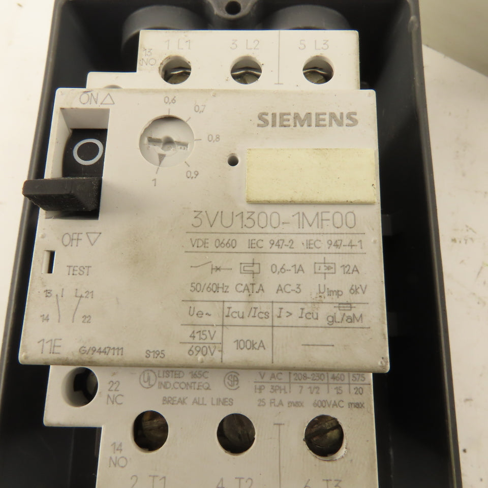 Siemens 3VU1300-1MF00 600V 20Hp 3Ph 0.6-1.0A Circuit Breaker Enclosure Operator