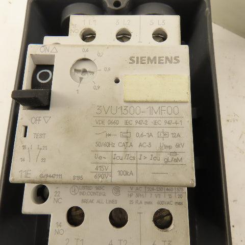 Siemens 3VU1300-1MF00 600V 20Hp 3Ph 0.6-1.0A Circuit Breaker Enclosure Operator